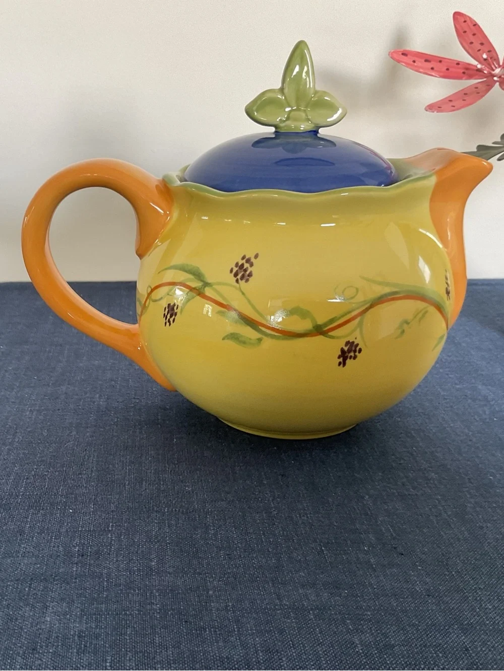 Discontinued Pfaltzgraff Pistoulet by Jane Koplen Ceramic Teapot with Blue Lid